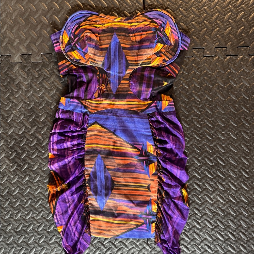 Belle Sauvage strapless bodycon dress purple orange abstract vibrant Size S/M/8